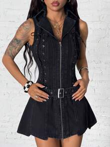 StreetHx Đầm denim ôm dáng, không tay, màu trơn, có khóa kéo dành cho nữ - màu đen - Xem 5