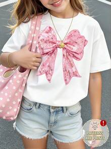 Tween Girl Summer White Cute School T-Shirt,Fashion Creative Sequin Bow Decor Graphic Print Basic Short Sleeve Tee,Refreshing Minimalist Daily Wear - White - View 2