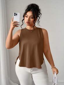 Elenzga 大码女式纯色圆领侧开衩下摆休闲度假吊带衫 - 咖啡棕 - 查看 6