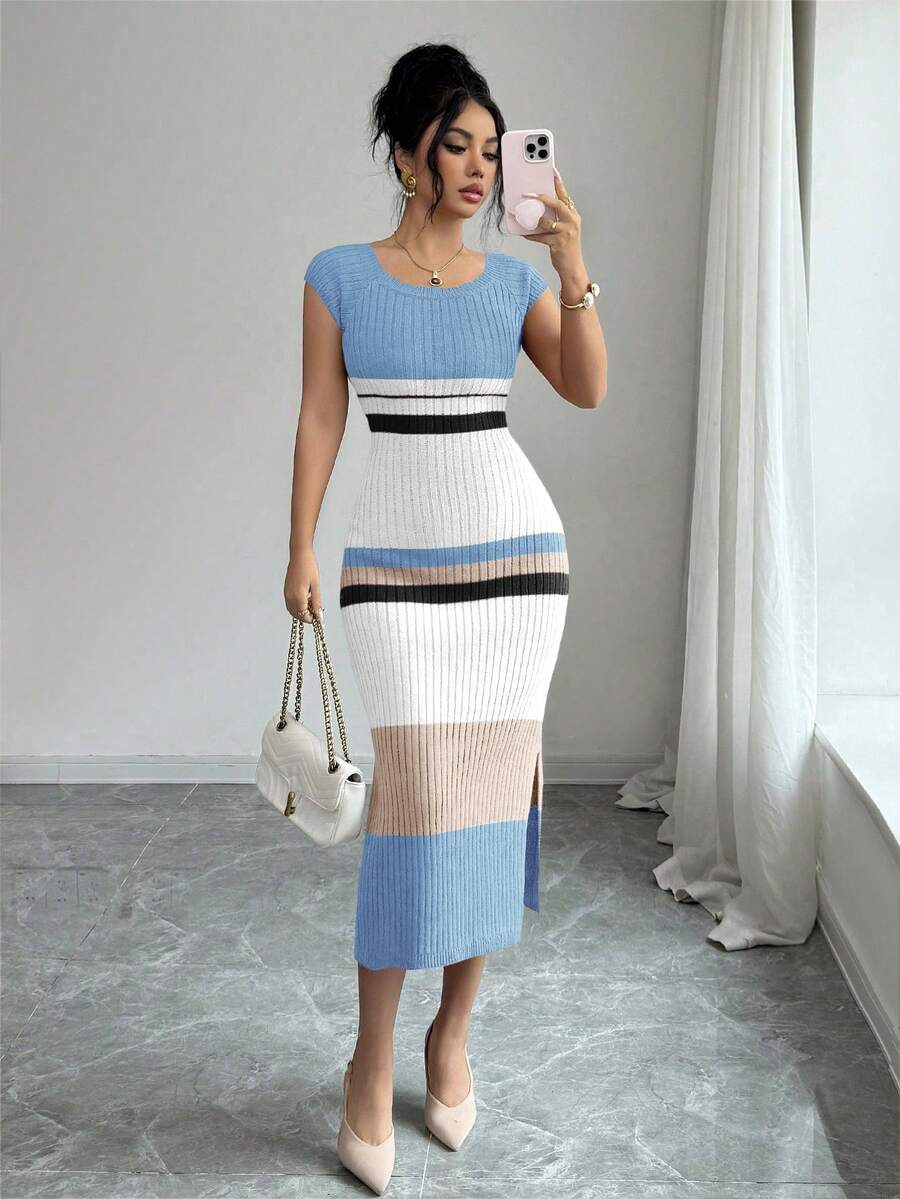 Elenzga Women's Spring/Summer New U-Neck Fitted Mid-Length Hem Slit Half Sleeve Elegant High-End Knit Dress, Striped Design, Versatile Lady Style - Multicolor - View 1