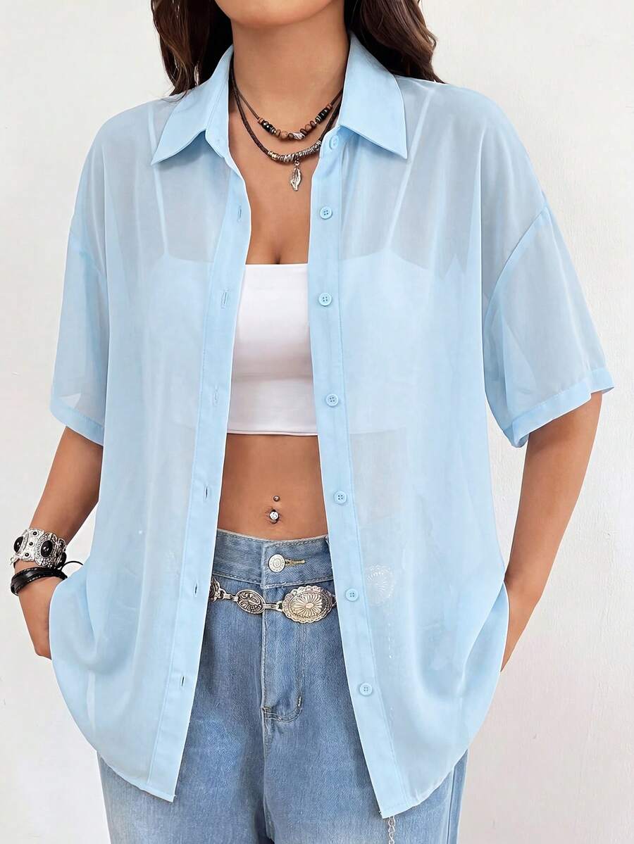 SHEIN EZwear Áo sơ mi tay ngắn màu xanh nhạt xuyên thấu, cỡ lớn, cài cúc phía trước. - Màu xanh nhạt - Xem 1