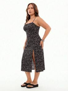 SHEIN EZwear 大码夏季休闲碎花侧开衩吊带连衣裙 - 彩色 - 查看 5