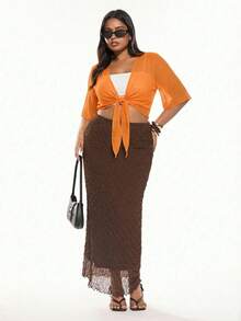 Solavibe Orange Casual Minimal Translucent Plus Size Thin Jacket - Burnt Orange - View 5