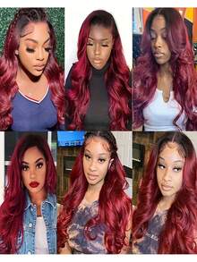 13x4 波浪卷蕾丝前假发，真人发，预先拔毛，1B 酒红色蕾丝前假发，真人发，带婴儿发，1B/99J，180 密度 - S1B/99J - 查看 7