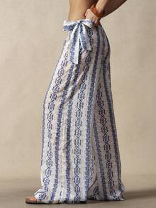 Bohemela 女士休闲宽松梭织裤，适合度假穿着 - 藍白色 - 查看 3