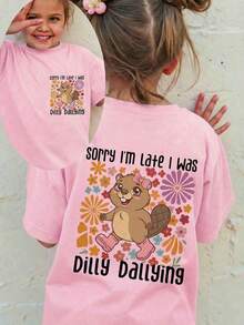 Young Girl Cartoon Squirrel Print Round Neck Short Sleeve Casual T-Shirt - Pink - View 1