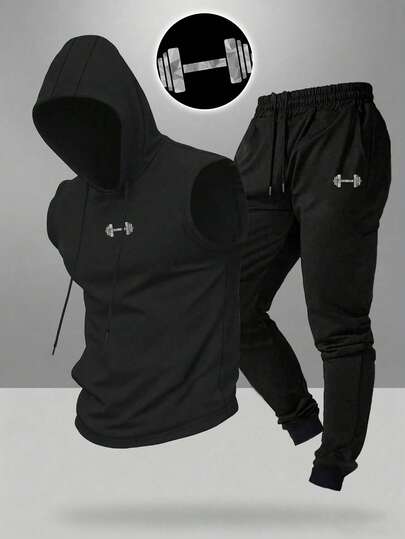 Manfinity Sport Corelite Men's Minimalist Printed Hooded Sleeveless Top And Pants Sports Suit