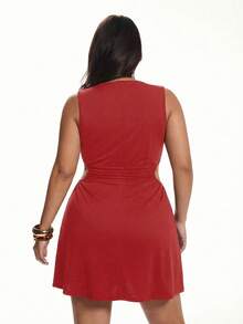 SHEIN EZwear Vestido sin mangas de punto rojo con lazo en la cintura y calado, para el Día de San Valentín - Rojo - Ver 2