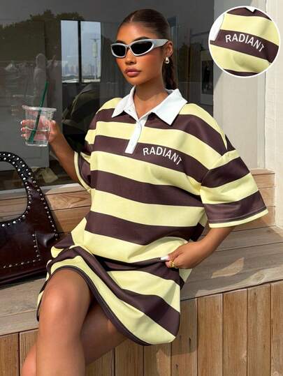 Muchica Women's Casual Colorblock Striped Short Sleeve Dress, Summer