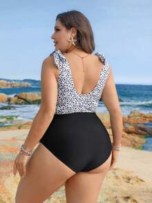 Swim Lushoire Plus Size One-Piece Swimsuit, Polka Dot & Solid Color Patchwork, Front Ruched, Vacation Beach Pool Outfit - Black and White - View 2