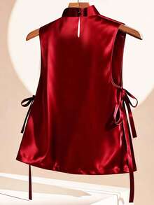 Franclia Satin Bow Tie Sleeveless Shirt, Stand Collar, Rhinestone - Red - View 2
