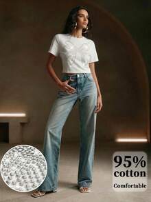Anewsta Women's Rhinestone Bow Round Neck Short Sleeve T-Shirt, Suitable For Commuting - White - View 3