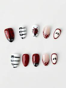 ROMWE Anime 10 片可爱昆虫花朵钢琴键苹果手工假指甲贴 + 3 片双面胶带，Y2K 法式红黑撞色可拆卸杏仁形指甲，可重复使用的亮面指甲油按压式指甲，四季皆宜，适合节日派对、舞会和日常佩戴。 - 紅黑白粉 - 查看 4