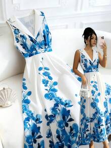 GlowEve Women's White And Blue Floral Sleeveless Deep V-Neck Contrast Color Lapel Wrap Waist Flared Maxi Dress,Summer Elegant Wedding Guest Resort Style - Multicolor - View 1