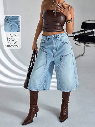 SHEIN High Waist Fashionable Woman Denim Jort Short Plus Size Vacation Beach Light Blue Summer