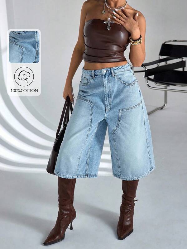 SHEIN Hoge taille modieuze denim jort short voor dames, ook verkrijgbaar in grote maten.