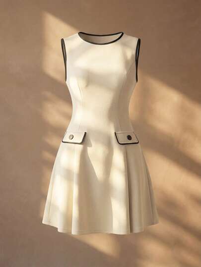 GlowEve Vestido de mujer sin mangas de cuello redondo, cintura ceñida, línea A, colorblock, casual, de oficina, minimalista, elegante, romántico