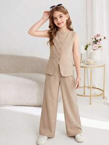 SHEIN 少女通勤休闲纯色无袖背心上衣和直筒裤套装 - 棕色 - 查看 7