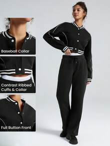 GLOWMODE Everyday Fleece Button Boxy Baseball Sports Jacket Daily Lounge Cropped Length - Black - View 3