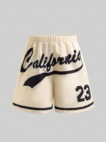 Sparklyn 三件套少女时尚运动套装 - 黑色条纹复古字母印花宽松外套衬衫、白色修身吊带背心、黄色短裤 - 卡其色 - 查看 5