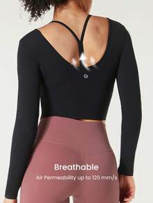 GLOWMODE FeatherFit™ V Neck U Back Cropped Long Sleeve Tee Low Impact Yoga Pilates Daily Summer Baby Tee - Black - View 6