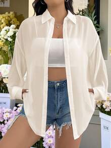 SHEIN EZwear 大码女式休闲透视宽松长袖开襟衬衫，适合夏季、秋季、上学、约会、下午茶、海滩、夏威夷、日常穿着 - 杏色 - 查看 1