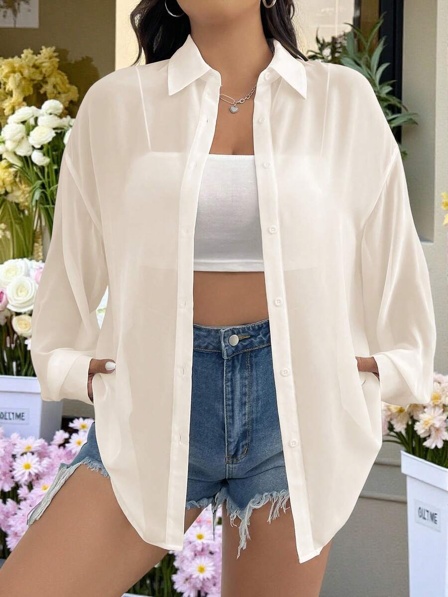 SHEIN EZwear 大码女式休闲透视宽松长袖开襟衬衫,适合夏季、秋季、上学、约会、下午茶、海滩、夏威夷、日常穿着 - 杏色 - 查看 1