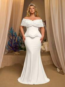 Glamrae 大码优雅浪漫露肩荷叶边串珠鱼尾连衣裙，适合婚礼、新娘礼服 - 白色 - 查看 3