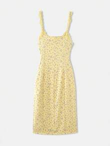 lacRébo Rochie midi galbenă cu imprimeu floral și detalii din dantelă, rochie de vară, primăvară-vară, stil francez, stil parizian - Galben - Vizualizare 7