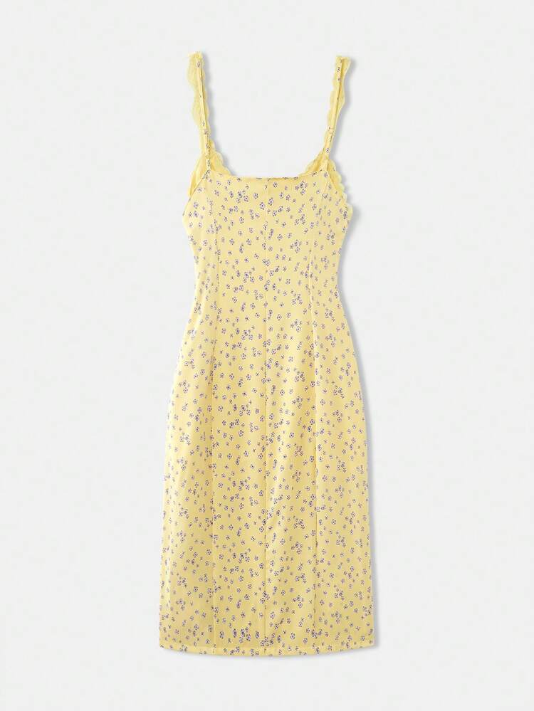 Yellow Midi Slip Dress With Flower Print And Lace Trims Details Summer Dress Spring Summer French Style Parisian Style Vacation Dress Resort Dress Holiday Dress