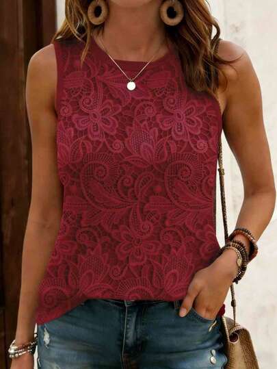 EMERY ROSE Top à col rond imprimé floral pour femmes, débardeur décontracté et confortable à col rond, convient pour le port quotidien en été