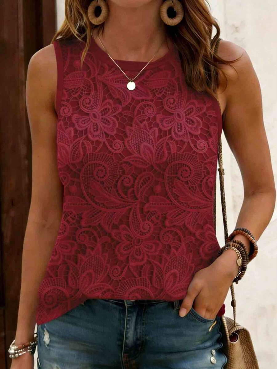 EMERY ROSE Áo nữ cổ tròn in hoa, áo tank top cổ tròn thoải mái, thích hợp mặc hàng ngày vào mùa hè. - Màu Đỏ Sâu - Xem 1