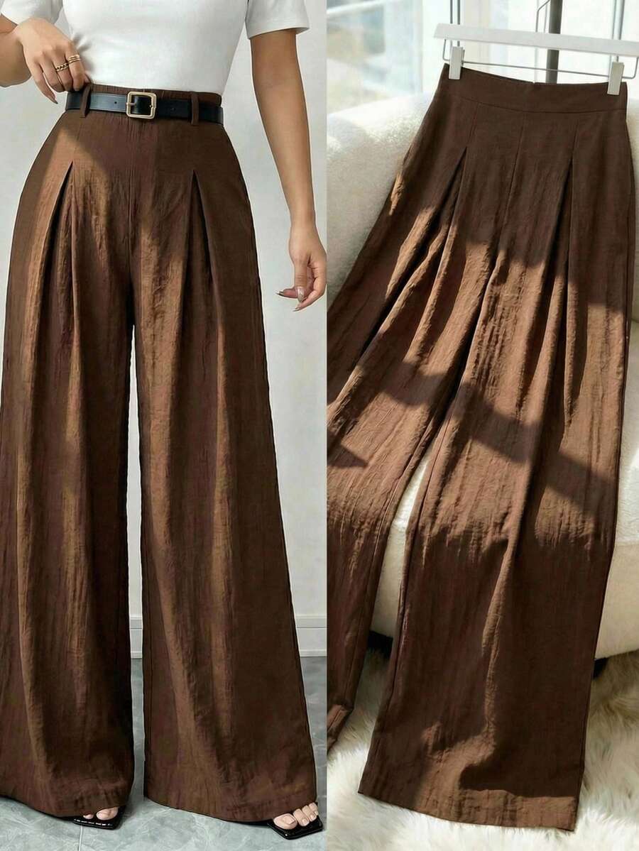 Modelyn Pantalones casuales sueltos de talla grande para mujer, de cintura elástica y plisados, de pierna ancha y unicolor - Café integral - Ver 1