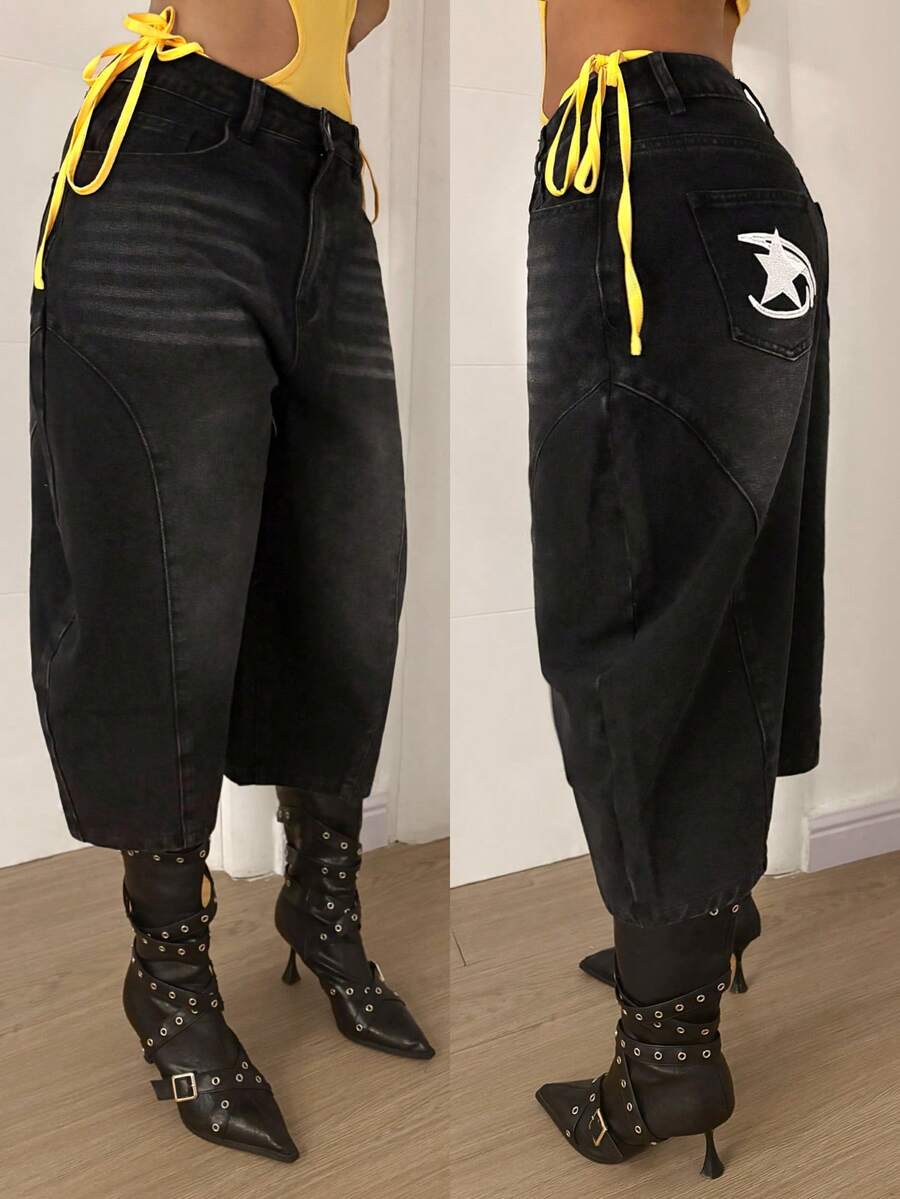 StreetHx Women's Pentagram Pocket Wide Leg Loose 7/8 Length Jeans - Black - View 1