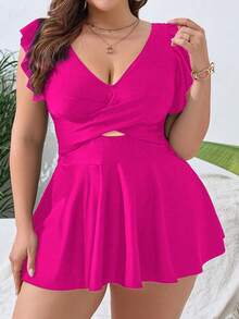Swim Lushoire Plus Size Women Solid Color Ruched Casual Beach Dress - Pink - View 4