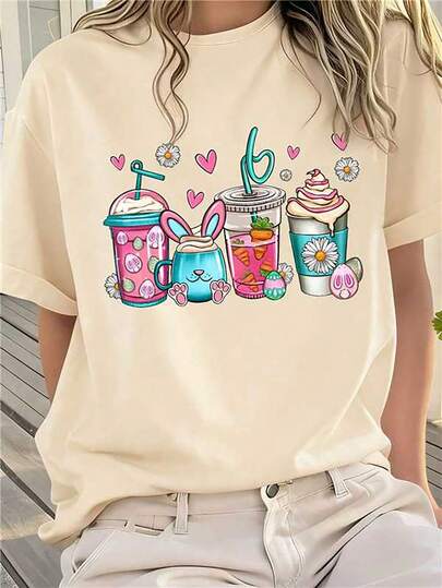 少女卡通饮料印花短袖T恤，休闲舒适，适合春夏穿着，百搭夏季单品，适合户外活动、野餐、街头摄影、居家、上学、节日庆典，也是馈赠佳品。
