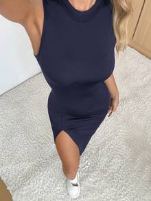 SHEIN EZwear 女士优雅休闲开衩连衣裙，藏蓝色，轻盈舒适，夏季必备单品 - 藏蓝色 - 查看 4