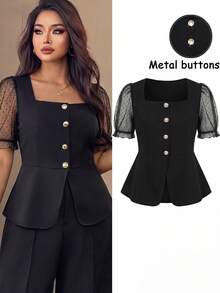 Elenzga Plus Size Square Collar Chiffon Floral Patchwork Short Sleeve Blouse, Suitable For Vacation, Carnival, Party, Commuting - Black - View 3