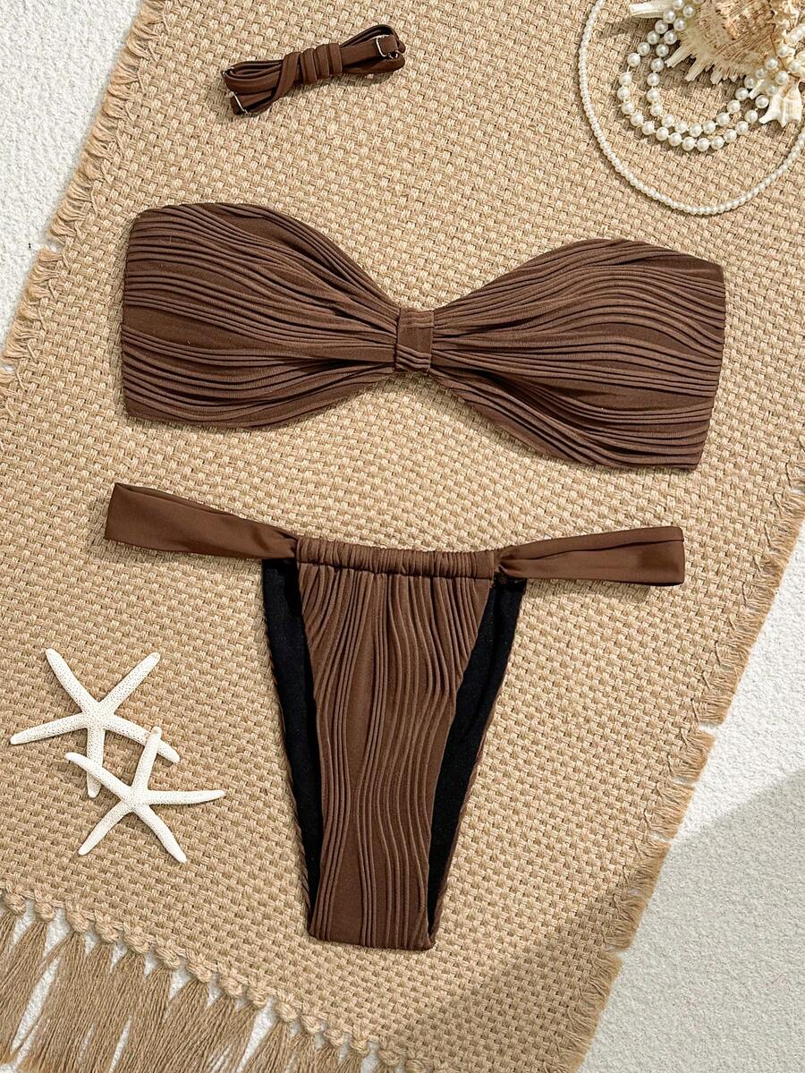 Swim Mod 2 piezas Conjunto de bikini bandeau de unicolor con textura para mujeres, traje de baño de playa - Café integral - Ver 1