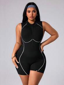 Rhythm Era Plus Size Women's Seamless Black Summer Athletic Midsize Pilates Sleeveless Hollow-Out Backless Jumpsuit,Tummy Control Exercise Yoga Shorts Bodysuit - Black and White - View 6