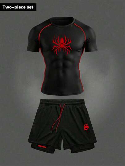 Manfinity Sport Corelite 男士圆领蜘蛛印花短袖上衣和抽绳腰短裤休闲运动套装