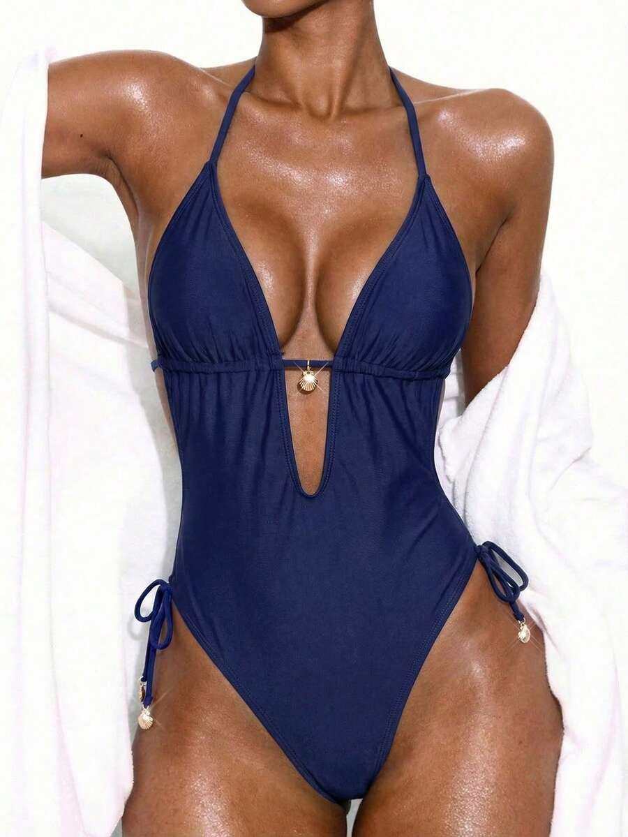 Swim Basics 夏季时尚纯色金色装饰连体泳衣,海滩度假热门之选 - 藍色 - 查看 1