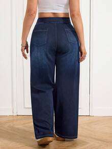 SHEIN PETITE CURVE 夏季加大码娇小曲线女式弹力腰阔腿宽松休闲高腰弹力牛仔阔腿裤，女士弹力腰加大码休闲牛仔裤，高弹舒适面料，百搭牛仔裤 - 深色水洗藍 - 查看 2