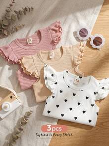 Cozy Pixies 3pcs Baby Girl Heart Pattern Knit Soft Crew Neck Long Sleeve Pullover Top Set - Pink - View 1