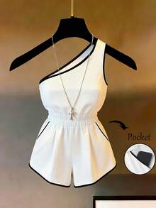 Franclia 撞色拼接腰部褶裥时尚优雅女士无袖连体裤 - 白色 - 查看 5