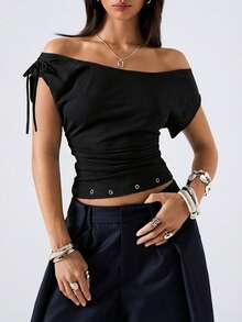 LYSMO 2026新款简约春季女式休闲黑色露肩收腰T恤，夏季上衣 - 黑色 - 查看 4