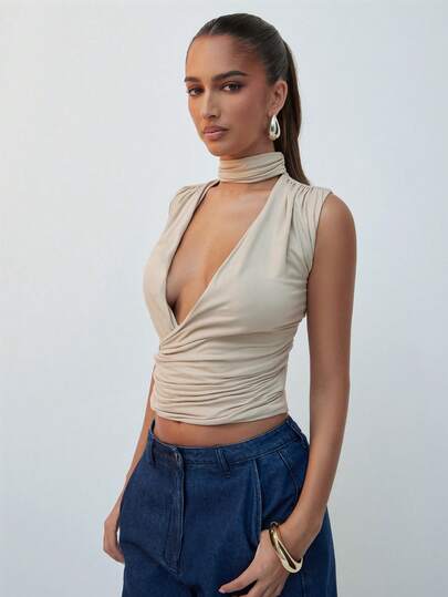 Hauture Women's Sexy Casual Solid Color Drape Mock V Neck Sleeveless Top, Body Fitted Top For Women, Old Money Aesthetic, Sophisticated Neckline Top, Perfect For Date Night, Desk To Dinner, Cocktail Party Knit Top, Minimalist Chic Styling Piece, Corporate Office Chic, Lightweight Fitted Top