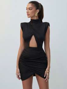 Hauture Vestido Casual Feminino Sem Mangas Gola Alta Franzido Mini - Preto - Visão 3