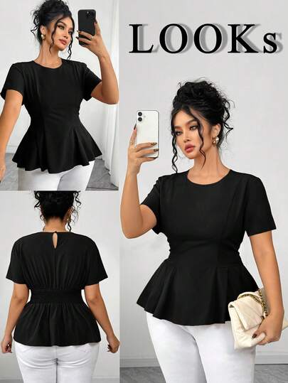 Elenzga Plus Size Women Elegant Casual Versatile Round Neck Short Sleeve Flared Hem Blouse, Spring/Summer Peplum Top Women Business Casual Tops Woman Women Tops Elegant Classy Top Peplum Blouse