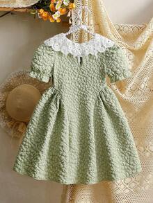 女童甜美公主风刺绣荷叶边领长袖花瓣袖提花面料时尚连衣裙，适合派对、生日、节日、所有季节 - 綠色 - 查看 2